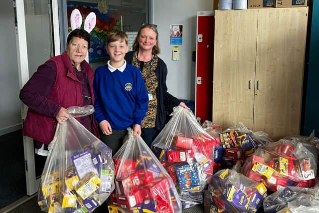 Jeanette accepted a donation of eggs from Bridgewater Primary School collected by the Friends of Bridgewater's eggs-travaganza