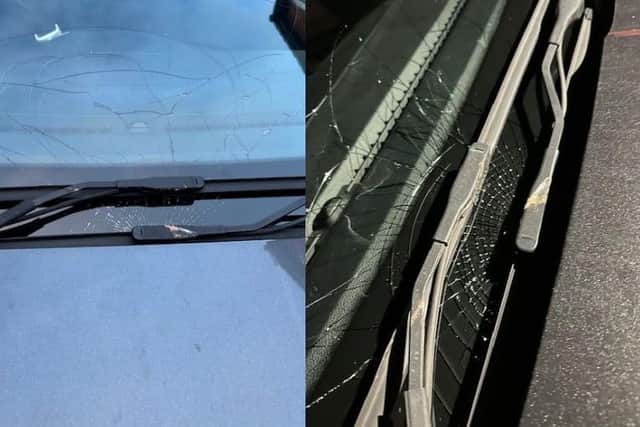 The damage caused to one victim's car after it was hit by a brick thrown off a bridge over the A45 in Northamptonshire.