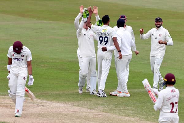 Kent players celebrate the second innings dismissal of Emilio Gay during their innings-and-15-runs victory at the County Ground this week (Picture: David Rogers/Getty Images)