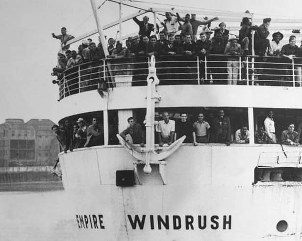 The ex-troopship Empire Windrush arriving at Tilbury Docks in 1948 with 482 Jamaicans emigrating to Britain on board