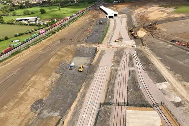 Drone shot of West Coast main line and soon to be built freight connection in Northampton.