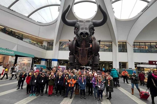 Cub Scouts pictured next to Ozzy the Bull at Birmingham’s train station.