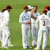 Ben Sanderson celebrates with his Northants team-mates after taking the wicket of Daniel Bell-Drummond