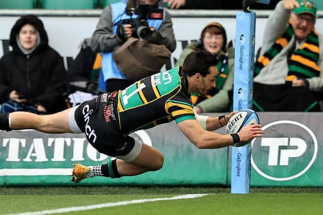 Tom Collins of Northampton Saints scores their fifth try during the Gallagher Premiership Rugby match against Bristol Bears at Franklin's Gardens