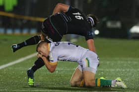 Fin Smith getting stuck in against Glasgow (photo by Ian MacNicol/Getty Images)