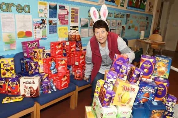 Jeanette Walsh with some of the 6,000 eggs