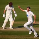 Somerset's Craig Overton celebrates the crucial wicket of Northants skipper Will Young