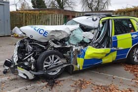 This police vehicle was damaged at the end of 2021. Two officer made a 'miracle escape'. Photo: Northamptonshire Police.
