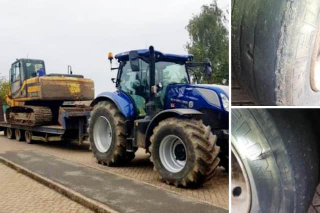 Police found ten potentially deadly defects on the trailer loaded with a JCB digger — now the tractor driver is serving a year ban after appearing at Northampton Magistrates' Court. Photo: Northamptonshire Police