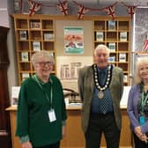 Mayor of Daventry, Cllr Malcolm Ogle, with museum volunteers, Joan Collins and Helen Schultheiss, at the museum's open day.