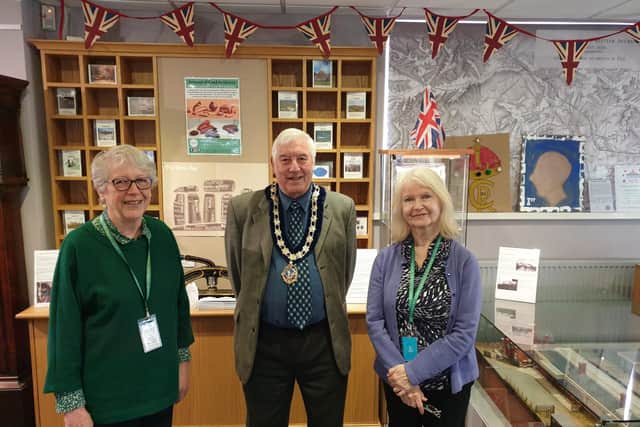 Mayor of Daventry, Cllr Malcolm Ogle, with museum volunteers, Joan Collins and Helen Schultheiss, at the museum's open day.