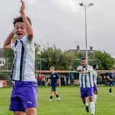 Kye Little celebrates opening the scoring for Daventry Town at Lutterworth on Saturday (Picture: Dan Lowson)