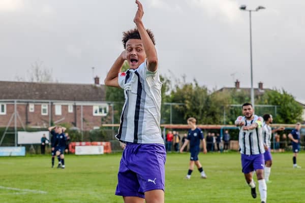 Kye Little celebrates opening the scoring for Daventry Town at Lutterworth on Saturday (Picture: Dan Lowson)