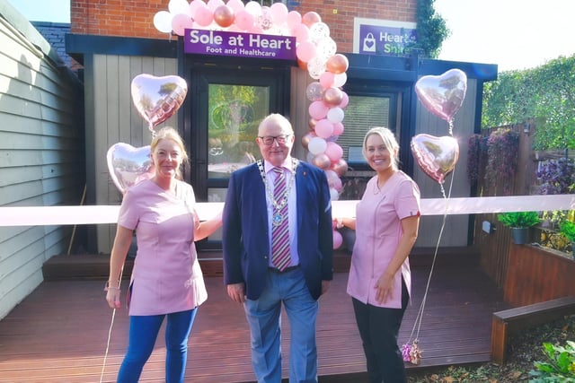 The Mayor of Daventry, Councillor Ted Nicholl, pictured at the opening event together with the Sole at Heart owners, Vicki Cooper and Nina Tobin.
