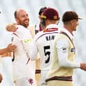 England spinner Jack Leach was all smiles after dismissing Ricardo Vasconcelos late on Saturday (Photo by Harry Trump/Getty Images)