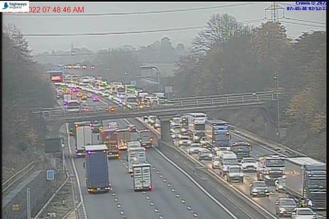 Traffic cameras showed traffic gridlocked on the M1 northbound on Friday morning as a vehicle fire blocked two lanes near Northampton
