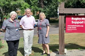 Rugby MP Mark Pawsey with Myton Nurses Faye Sawko and Nicola Hughes at Rugby Myton Support Hub.