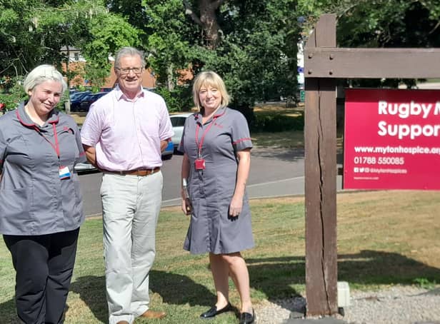 Rugby MP Mark Pawsey with Myton Nurses Faye Sawko and Nicola Hughes at Rugby Myton Support Hub.