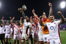 Courtney Lawes and his England team-mates, including fellow Saints Lewis Ludlam and Tommy Freeman, celebrate after winning the series against Australia