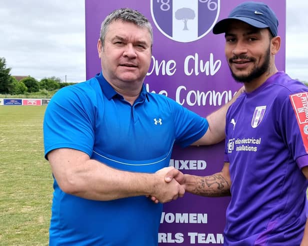 Daventry Town boss Daren Young welcomes new signing Leon Lobjoit. Picture courtesy of Daventry Town FC