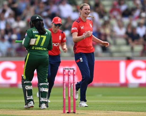 England fast bowler Lauren Bell celebrates one of her three wickets in Saturday's win over Pakistan