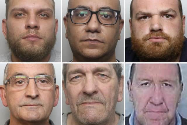 Six men convicted or sentenced over child sex offences in Northamptonshire between January and March 2022 — Top row (left to right) Ioan Christian Moise,  Matthew Mather-Franks and Matthew Swift; bottom row: Stephen Mitchell, Peter Butt and Keith McFadden