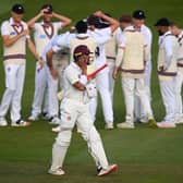 Emilio Gay trudges off after being run out at Taunton