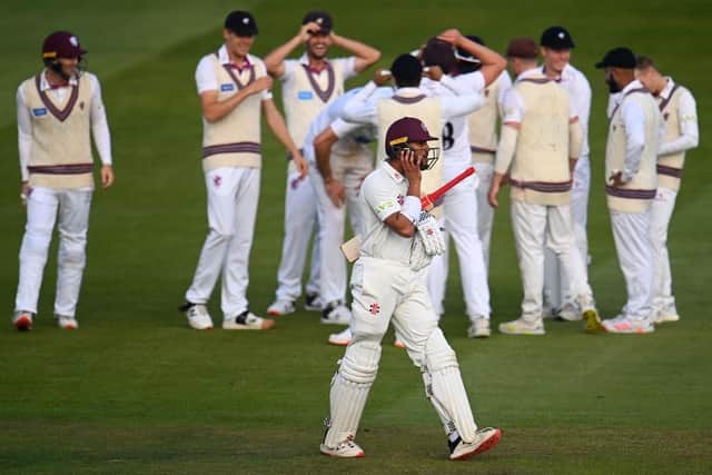 Emilio Gay trudges off after being run out at Taunton