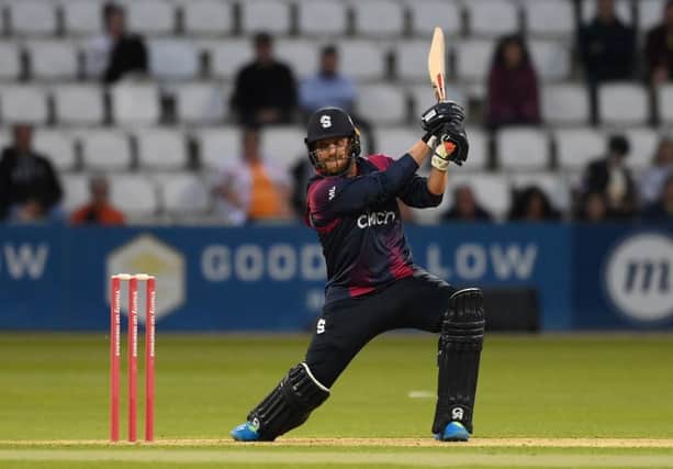 Josh Cobb hammers a boundary during his innings of 70 for the Steelbacks against Derbyshire Falcons