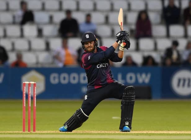 Josh Cobb hammers a boundary during his innings of 70 for the Steelbacks against Derbyshire Falcons