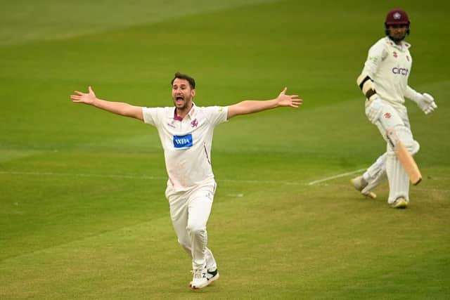 Somerset's Lewis Gregory unsuccessfully appeals for the wicket of Hassan Azad (Photo by Harry Trump/Getty Images)