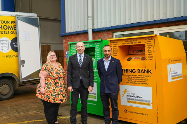 Daventry MP and Secretary of State for Northern Ireland, Chris Heaton-Harris, pictured at The Air Ambulance Service's (TAAS) warehouse with the charity’s reuse team.