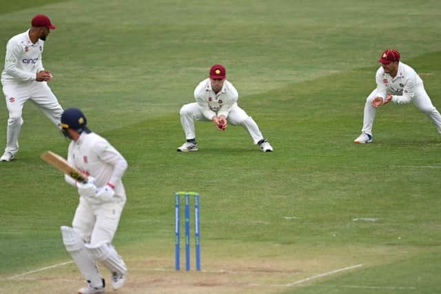 Will Young takes a catch in the slips to dismiss Tom Westley