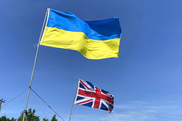 Ukraine's flag with the UK's Union Flag.
