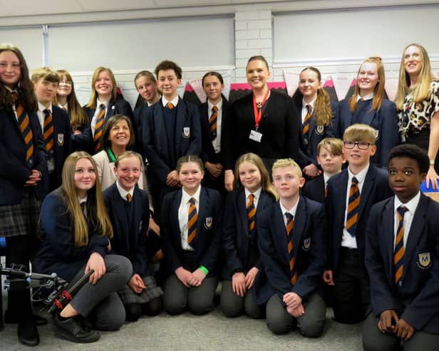 Kate Kane pictured centre with students and Amy Bradshaw from Nene Education Trust