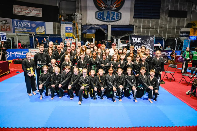 Daventry, Woodford Halse, and Banbury students from Daventry Tigers, established by Mark and Sarah Robson, and its sister clubs competing at the 2023 Taekwondo International World Championships.