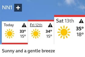 The BBC's weather app forecasts temperatures up to 35°C for the Northampton area this weekend