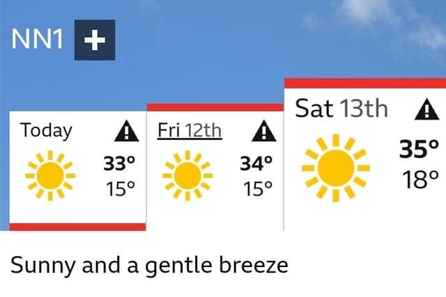 The BBC's weather app forecasts temperatures up to 35°C for the Northampton area this weekend