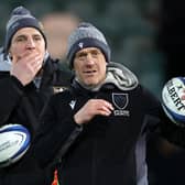 NORTHAMPTON, ENGLAND - JANUARY 12: Phil Dowson, Director of Rugby at Northampton Saints and Head Coach Sam Vesty, look on during the warm up prior to the Investec Champions Cup match between Northampton Saints and Aviron Bayonnais at cinch Stadium at Franklin's Gardens on January 12, 2024 in Northampton, England. (Photo by Catherine Ivill/Getty Images)