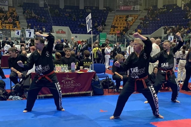 The 'Silver Foxes’, Chris Sills, Andrew Bull, and Tom Lewington, on the journey to winning bronze medals in the adult blue and red belt synchronised team patterns.