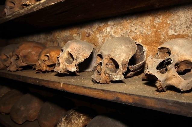 Legend has it the medieval crypt lay undiscovered for centuries underground until a gravedigger fell twelve feet into it. Falling through through the darkness on to a heap of bones is said to have driven  the man mad until the day he died