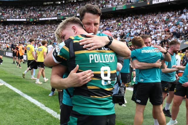 Phil Dowson with Henry Pollock after Saints won the Gallagher PREM last season (photo by David Rogers/Getty Images)