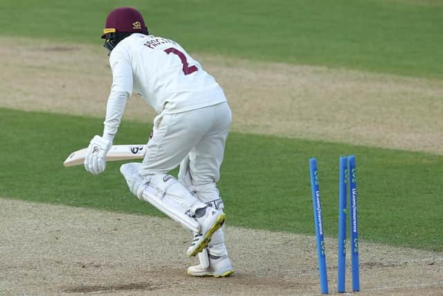 Luke Procter is bowled by James Fuller for a second-ball duck (Photo by David Rogers/Getty Images)