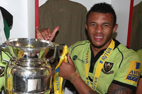 Courtney Lawes with the Premiership trophy in 2014 (photo by David Rogers/Getty Images)