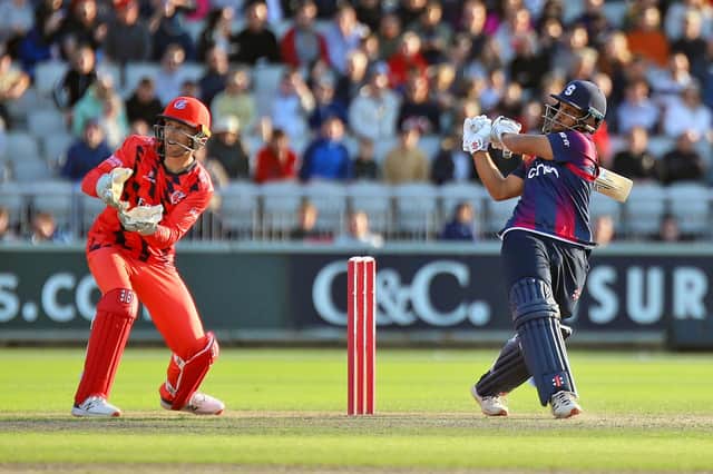 Saif Zaib hits out on his way to a half-century against Lancashire Lightning at Old Trafford (Picture: Peter Short)