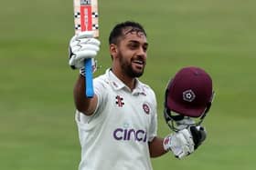 Saif Zaib celebrates after scoring his century for Northants against Surrey at the County Ground in September