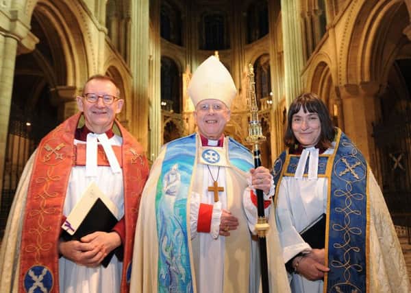 Installation of Revd Canon Sarah Brown as Residentiary Canon at Peterborough Cathedral pictured with   The Very Revd. Christopher Dalliston, Dean of Peterborough Cathedral and  Bishop of Peterborough  Rt Revd. Donald Allister