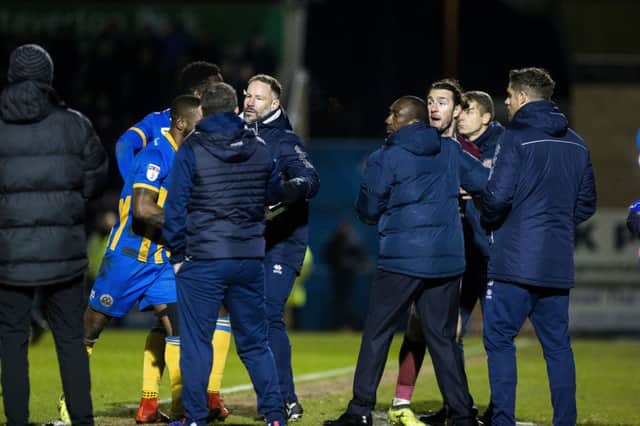 FLASHPOINT: John-Joe O'Toole and Abu Ogogo were still at it each other and had to be restrained by the management teams as they left the field after being shown red on Tuesday. Pictures: Kirsty Edmonds