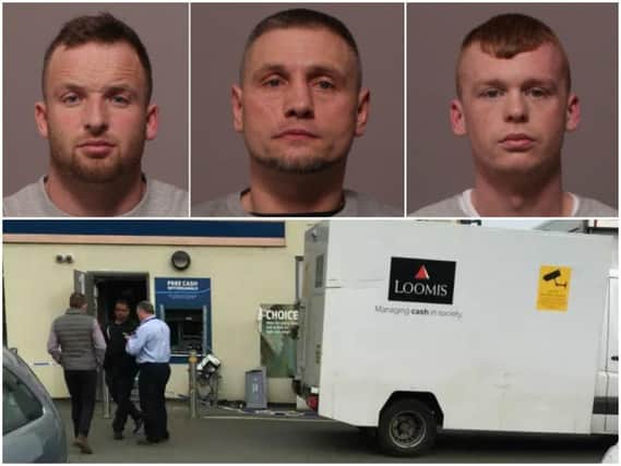 Left to right: Charlie Smith, Alfred Adams and John Doran. Below: the scene after a Weedon supermarket ATM was targeted by the thieves