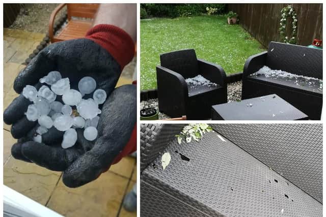 Golf ball sized hailstones punched through plastic garden furniture. (Pictures and video by Edward George)